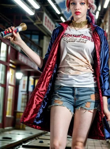 harley quinn,harley,super heroine,cosplay image,rockabella,birds of prey-night,birds of prey,anime japanese clothing,bad girl,mary jane,girl with gun,super woman,fashion shoot,girl with a gun,red hood,vintage clothing,women fashion,baseball bat,cosplayer,lily-rose melody depp