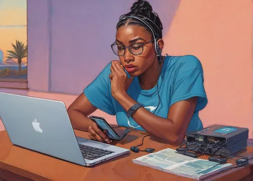 girl at the computer,girl studying,oil on canvas,oil painting on canvas,linkedin icon,woman eating apple,freelancer,world digital painting,computer addiction,maria bayo,woman sitting,artist portrait,work from home,african american woman,oil painting,black professional,black women,women in technology,computer art,digital painting,Conceptual Art,Fantasy,Fantasy 07