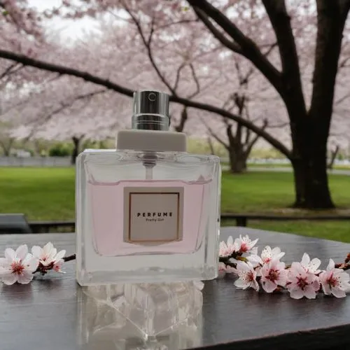 an image of a perfume bottle on the table,the cherry blossoms,japanese cherry blossom,cherry blossoms,japanese cherry blossoms,cherry blossom,hanami