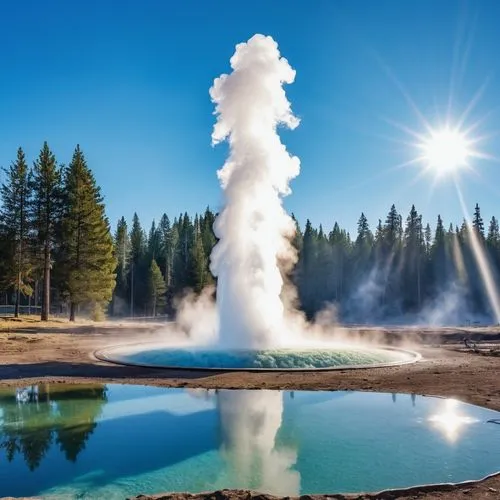 clear blue skies above with water geyser  ,an old style geyser spewing out steam into the sky,geyser strokkur,geothermal,geothermal energy,great fountain geyser,geyser,geysers,Photography,General,Real