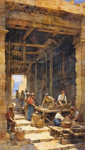 """The coaling stage"" stock image",brick-making,sawmill,basket weaver,workers,the production of the beer,basket maker,blacksmith,construction workers,threshing,carpenter,woman at the well,a carpenter