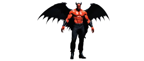 demon, red skin, horns, sharp teeth, black wings, ripped clothes, muscular arms, claws, intimidating gaze, solo, dark background, high contrast lighting, dramatic shadows, cinematic composition, low a