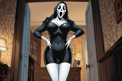 illustration one character cartoon, beauty mature woman using ghost face mask from movie scream, great large chest curvy figure, small black bikini, white gloves and short white socks, Full view of fu