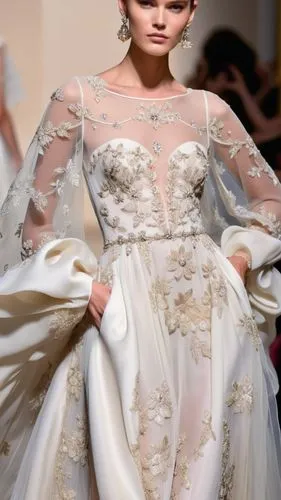 Fashion show ,a dress on the runway, with sheer white and gold details,siriano,moschini,fausch,bridal gown,tahiliani,temperley,Photography,General,Realistic