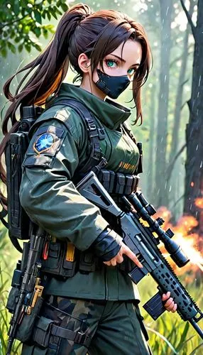 In the middle of a storm, imagine a girl from the elite sniper division. Her presence is imposing and her attitude reflects unwavering confidence. She is tall and athletic, with a complexion that deno