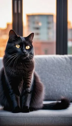 Kawaii black puffy cat, adorable whiskers, shiny black fur, fluffy ears, cute nose, sparkling eyes, sitting on a soft cushion, in a cozy modern living room, surrounded by minimalist furniture, large w