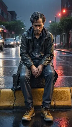 A man, wearing trendy clothes, sitting on a curb with his tail between his legs in a rainy street, totally wetting, hands both in pockets, hopeless and despair, bittersweet, night,weather-beaten,homel