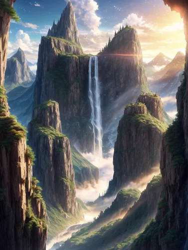 meteora,mountainous landscape,fantasy landscape,mountain landscape,mountain scene,mountainous landforms,landscape background,mountain world,wasserfall,mount scenery,japanese mountains,high landscape,mountain valleys,mountains,waterfalls,canyon,mountain valley,the landscape of the mountains,mountain range,valley