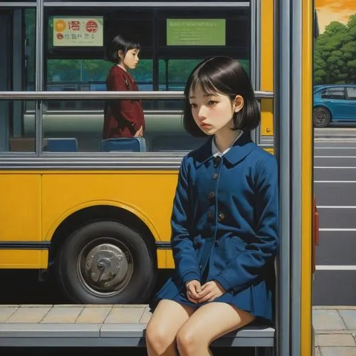 bus stop,mari makinami,busstop,school bus,bus,tatsuro,yukiko,urakami,hoshihananomia,moriyama,the girl at the station,schoolbus,tokyoites,girl sitting,karoshi,city bus,mitsuhiro,studio ghibli,autobus,nanako,Illustration,Realistic Fantasy,Realistic Fantasy 08