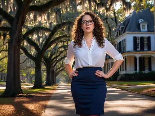 Architectural designer, female, 28yo, curly brown hair, black glasses, elegant makeup, white blouse, dark blue pencil skirt, heels, standing, Savannah GA, historic district, antebellum architecture, o