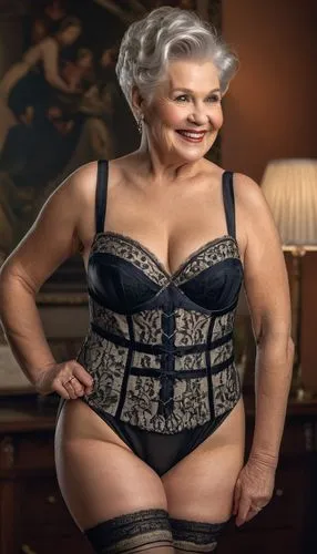 1920's radiatingly chubby 70yo smiling woman with silver updo hair, in laced one piece longline girdle with straps and stockings, ultrarealistic skin texture,margolyes,shapewear,beverlee,abuela,widdec