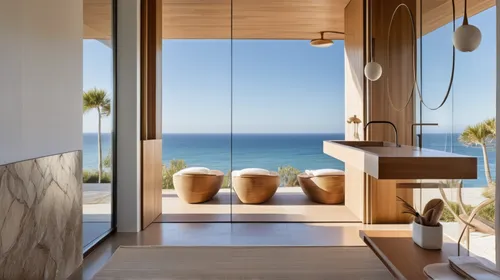 window with sea view,luxury bathroom,modern minimalist bathroom,beach house,dunes house,beach hut,ocean view,room divider,bamboo curtain,shower bar,seaside view,beachhouse,cabana,beach furniture,interior modern design,sliding door,smart home,summer house,shower door,smart house,Photography,General,Realistic