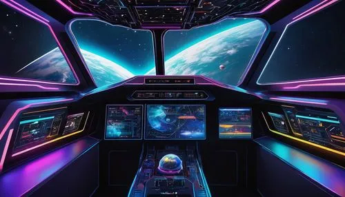 Rokku spaceship, futuristic dashboard, neon lights, holographic display, 2023 Easter egg hunt theme, colorful eggs hidden in control panels, shiny metallic surfaces, soft glow of buttons and interface