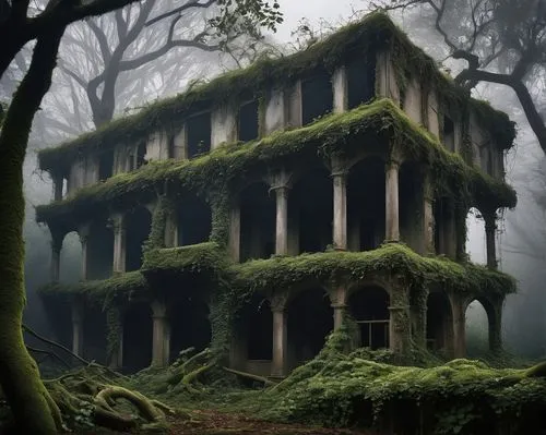 Deconstructed architecture, futuristic building, irregular shape, broken columns, twisted metal beams, shattered glass windows, crumbling concrete walls, overgrown with vines, moss, and ivy, abandoned