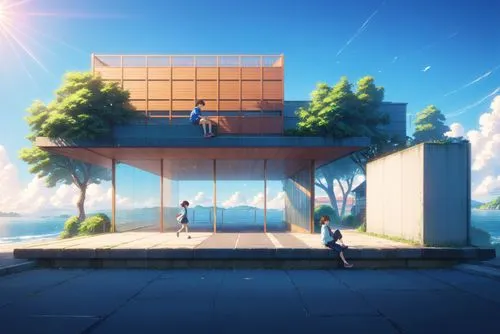 two s are standing in front of a tall building,sky apartment,cubic house,cube house,hosoda,aqua studio,kyokai,Anime,Anime,Realistic