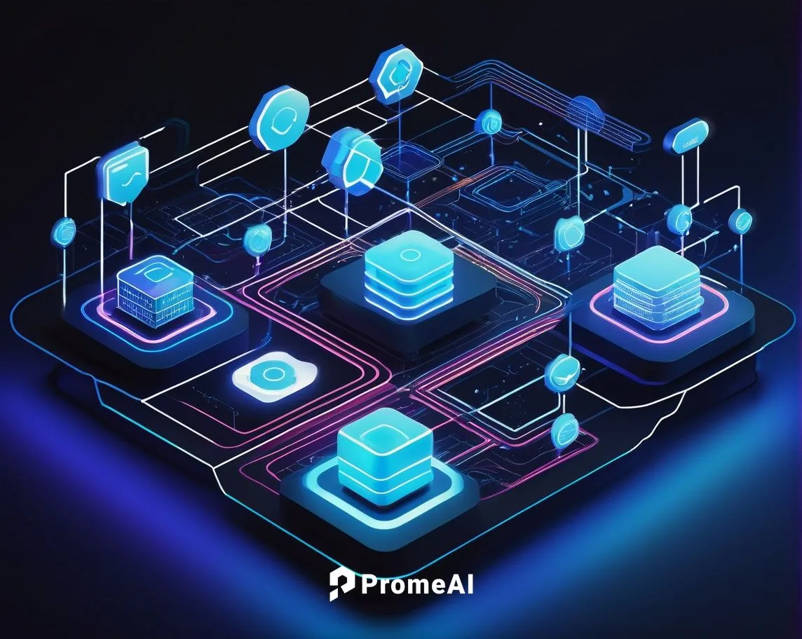 Modern microservice architecture diagram, multiple servers, colorful icons, 3D illustration style, futuristic background, neon lights, glowing circuits, metallic texture, sleek lines, abstract shapes,