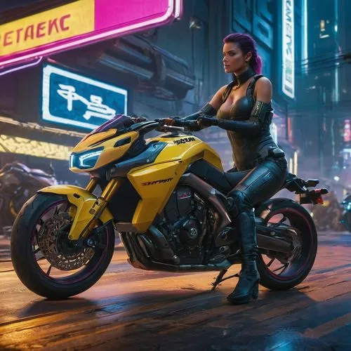 An advertising poster, framed with a motorbike and a leaterh girl sitting on it, Honda bikes,motorbike,renegade,cyberpunk,motorcycles,motorcycle,merc,biker,yamaha,abra,mk1,heavy motorcycle,ducati,nico