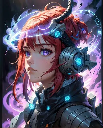 futuristic, alien, realistic, no-human, blue-eye, red hair,a female in headphones with purple and blue lights,liora,meyrin,irisa,kolken,himiko,kasumi,Anime,Anime,Realistic