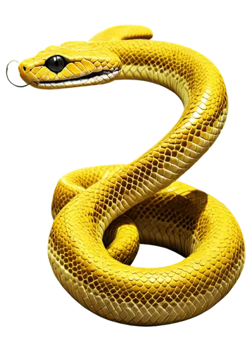 Yellow snake, curled up, scaly skin, vibrant yellow color, black eyes, forked tongue out, coiled posture, shiny texture, natural material, warm lighting, close-up shot, 3/4 composition, soft focus, bo