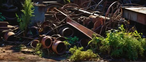 Abandoned salvage yard, industrial atmosphere, crumbling brick walls, rusty metal scraps, old machinery parts, broken furniture, overgrown with weeds, dim natural lighting, dramatic shadows, gritty te