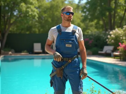 Maintenance person, pool technician, male, 30s, muscular build, short hair, blue overalls, tool belt, sunglasses, holding a pool skimmer, standing near the pool, Chukum pool, clear blue water, sunny d