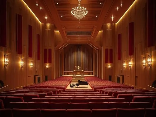 Elegant concert hall, refined wood paneling, plush velvet seating, ornate chandeliers, grand piano, sound-absorbing curtains, acoustic ceiling tiles, optimized speaker placement, resonant chamber desi