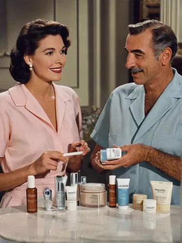 women's cosmetics,personal care,pomade,dermatologist,vintage makeup,face cream,oil cosmetic,vintage 1950s,vintage man and woman,health products,lavander products,skin cream,model years 1960-63,beauty products,personal grooming,advertising campaigns,body care,cosmetics counter,body hygiene kit,glucose meter,Illustration,Retro,Retro 06