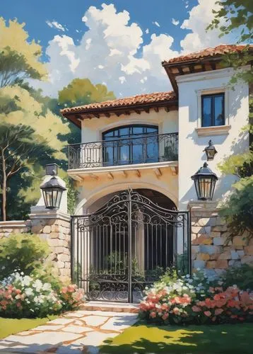 Modern architecture, luxurious villa, iron grill gate, grand entrance, stone walls, large windows, sloping roof, greenery surroundings, flowers, bushes, trees, sunny day, blue sky, white clouds, detai