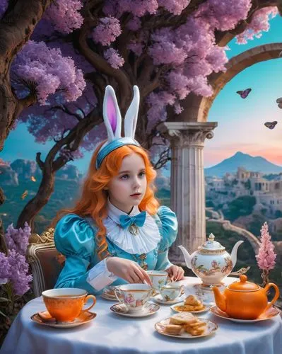 Alice in Wonderland scene, surrealism, dreamlike, vibrant colorful pastel, escapism, tea time scene, orange lilac lighting, 6 years old Alice, detailed decoration, in nature settings, magical, unreal.