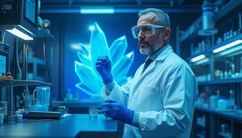 Sapphire blue futuristic laboratory, innovative scientist, middle-aged man, wearing protective goggles, white lab coat, blue gloves, holding a test tube, standing in front of a sleek metal workbench, 