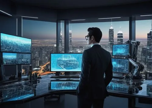 Modern futuristic design automation architecture, sleek glass skyscraper, cityscape background, blueprints scattered on desk, multiple monitors displaying 3D models, robotic arm assembling components,