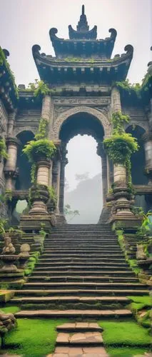 Ancient HL architecture, majestic temple, intricately carved stone walls, ornate pillars, grand staircase, vibrant mosaic tiles, golden accents, mysterious ambiance, atmospheric lighting, misty mornin