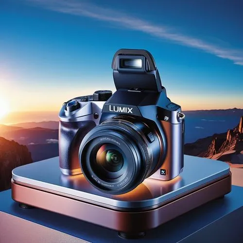 a lumix camera in a podium with galaxy sky background,a camera sitting on top of a rock,lumix,lenzing,slr camera,lensing,photo lens,panasonic,Photography,General,Realistic