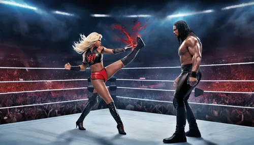 Imagine a WWE Diva fighting her inner demons during a high-stakes championship match, leading to an unexpected twist.,barb wire,professional wrestling,wrestling,striking combat sports,lucha libre,wres