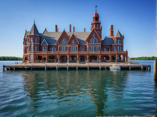 Michigan naval architecture, grandiose, historic, majestic, detailed stonework, ornate carvings, towering spires, Gothic Revival style, Lake Michigan shoreline, sunny afternoon, clear blue sky, gentle