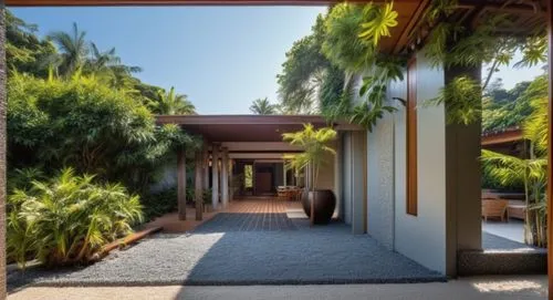 Kerry Hill and Jeffrey Bawa design in a tropical setting. Wall colors as vintage japanese pottery in grey terrazo color theme, wood to be inspired by bawa. Hill top entrance w palm trees, all door and