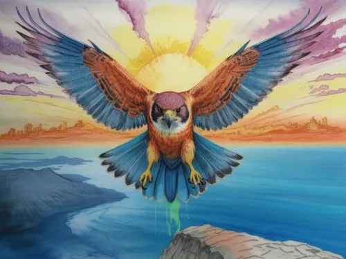 Line drawing of a falcon.in africa ,an artistic painting of a colorful owl in flight,bird painting,aguila,blue and gold macaw,macaws of south america,aguiluz,macaw,Illustration,Realistic Fantasy,Reali