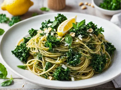 
Of course, here is the recipe for spaghetti with kale pesto for 4 people: ### Ingredients: - 400g spaghetti - 200g fresh kale, washed and roughly chopped - 75 g pine nuts - 50 g Parmesan, grated - 2 