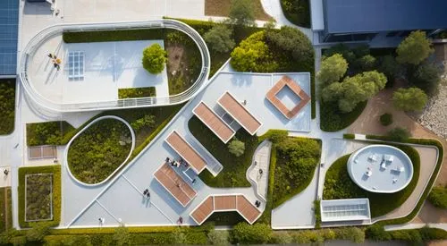 solar cell base,autostadt wolfsburg,biotechnology research institute,school design,eco hotel,aerial landscape,urban design,futuristic architecture,eco-construction,archidaily,futuristic art museum,modern architecture,cube house,cubic house,overhead view,view from above,grass roof,arq,kansai university,roof garden,Photography,General,Cinematic