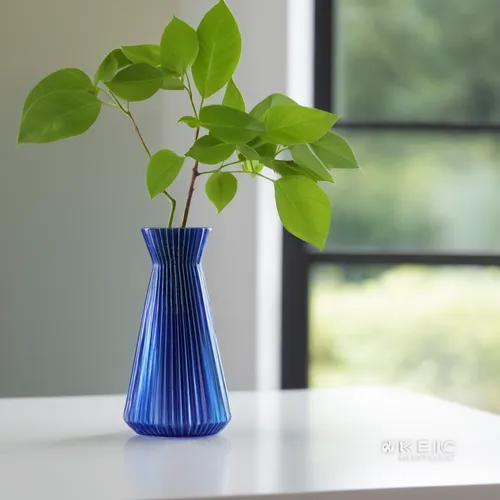 3D printed vase in blue and green iridescent color with a green plant inside. Place a table in a minimalist space with a sale in the background.,stemless gentian,ikebana,glass vase,vase,wooden flower 