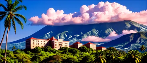 Snow-capped mountain, scenic Nicaragua landscape, majestic SNC building, colonial architecture, vibrant green palm trees, rolling hills, clear blue sky, fluffy white clouds, morning sun, warm light, p