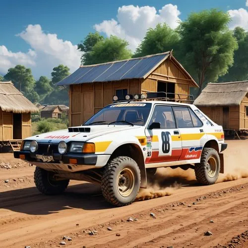 A rally vehicle from the 1990s, with a nice paint job and being on a dirt road with some huts on the sides of the road.,dakar rally,overland,motorstorm,onrush,game car,hilux,rallying,rallye,aprc,zasta