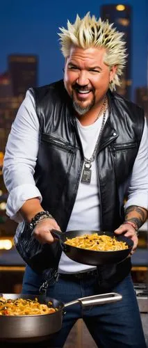 Guy Fieri, celebrity chef, energetic pose, messy blonde hair, bleached eyebrows, tattooed arms, black leather jacket, white shirt, blue jeans, silver chain necklace, holding a skillet, cooking in fron