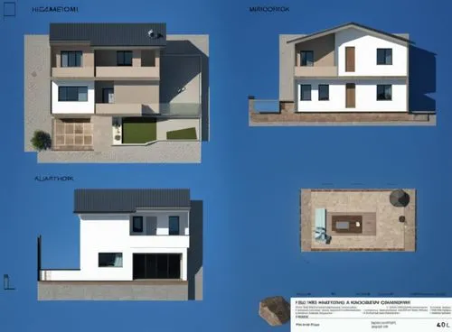 quiero hacer un render moderno de la fachada de esta vivienda,three different images of modern house on a blue background,houses clipart,house floorplan,floorplan home,house shape,elevations,house dra