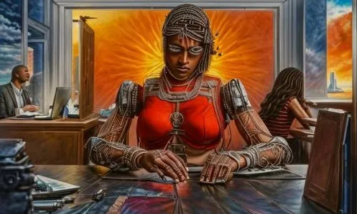 woman at cafe,african woman,ancient egyptian girl,cashier,bank teller,african art,african american woman,priestess,receptionist,barmaid,sci fiction illustration,indian art,fortune teller,voodoo woman,indian woman,black woman,woman drinking coffee,head woman,bartender,women at cafe