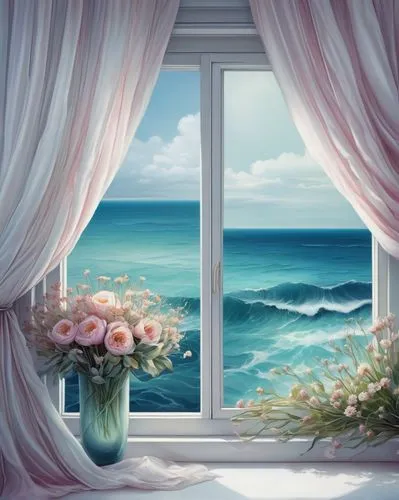 window with sea view,ocean background,ocean view,window curtain,sea landscape,sea breeze,sea view,window covering,window treatment,bedroom window,seaside view,curtain,curtains,window to the world,mermaid background,open sea,seascape,sea-shore,window view,open window,Illustration,Realistic Fantasy,Realistic Fantasy 15