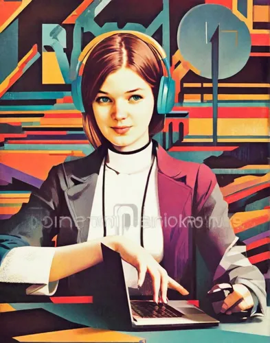 Young female DJ with headphones and laptop at the Remolino tango festival.,girl at the computer,retro woman,retro girl,telephone operator,girl-in-pop-art,tiktok icon,retro women,abstract retro,compute