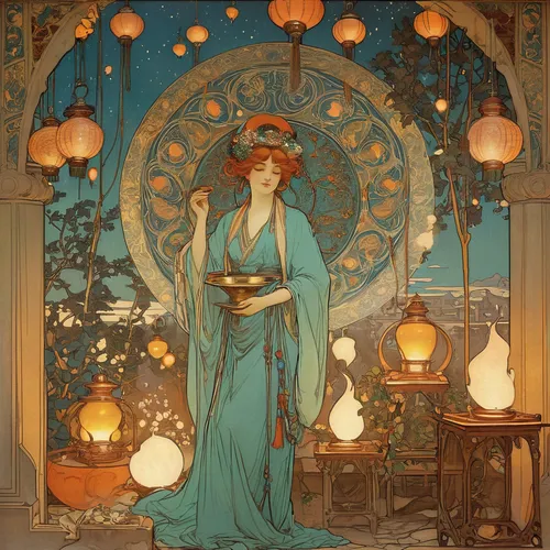 mucha,alfons mucha,art nouveau,art nouveau design,rem in arabian nights,candlemaker,art nouveau frame,accolade,art nouveau frames,orientalism,kate greenaway,vintage illustration,priestess,art deco woman,amano,asher durand,tealights,athena,apothecary,vintage lantern,Illustration,Retro,Retro 03