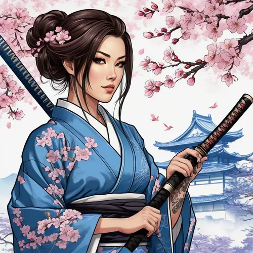 mukimono,geisha,japanese sakura background,plum blossoms,geisha girl,honzen-ryōri,goki,kimono,wuchang,motsunabe,plum blossom,shakuhachi,sanshin,katana,beautiful girls with katana,oriental princess,jeongol,erhu,hanbok,swordswoman,Unique,Design,Blueprint