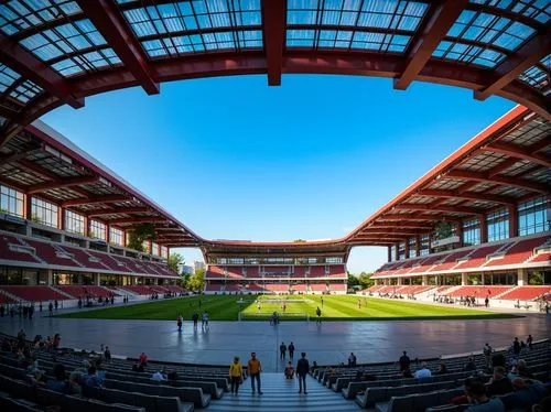 Vibrant stadium atmosphere, sleek modern architecture, cantilevered roofs, exposed steel beams, polished concrete floors, retractable seating, dynamic LED lighting, transparent glass facades, angular 